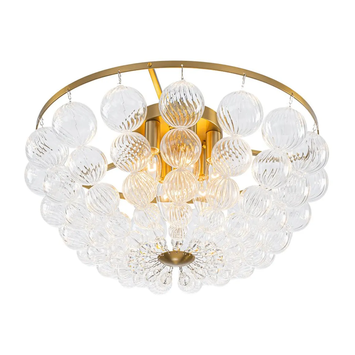 Brass Draped Ribbed Glass Globe Round Semi Flush Chandelier