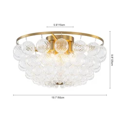 Brass Draped Ribbed Glass Globe Round Semi Flush Chandelier