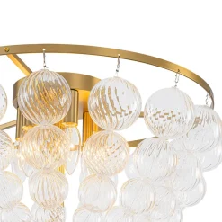 Brass Draped Ribbed Glass Globe Round Semi Flush Chandelier
