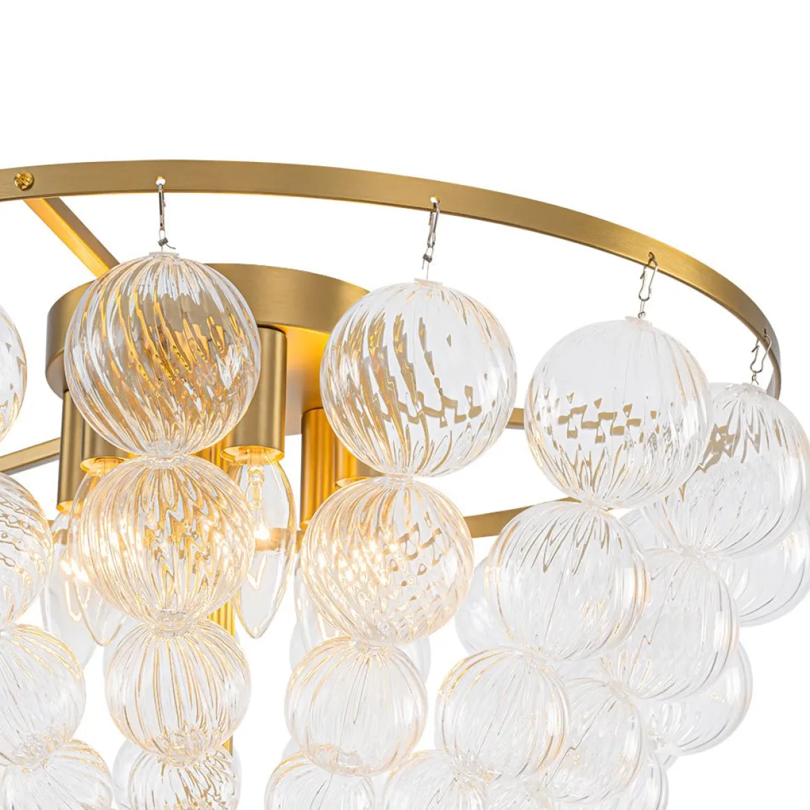 Brass Draped Ribbed Glass Globe Round Semi Flush Chandelier