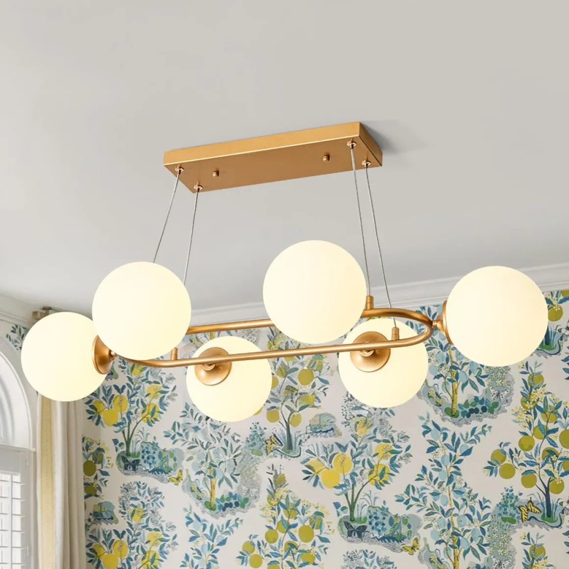Brass Frosted White Glass Bubble Oval Ring Island Chandelier