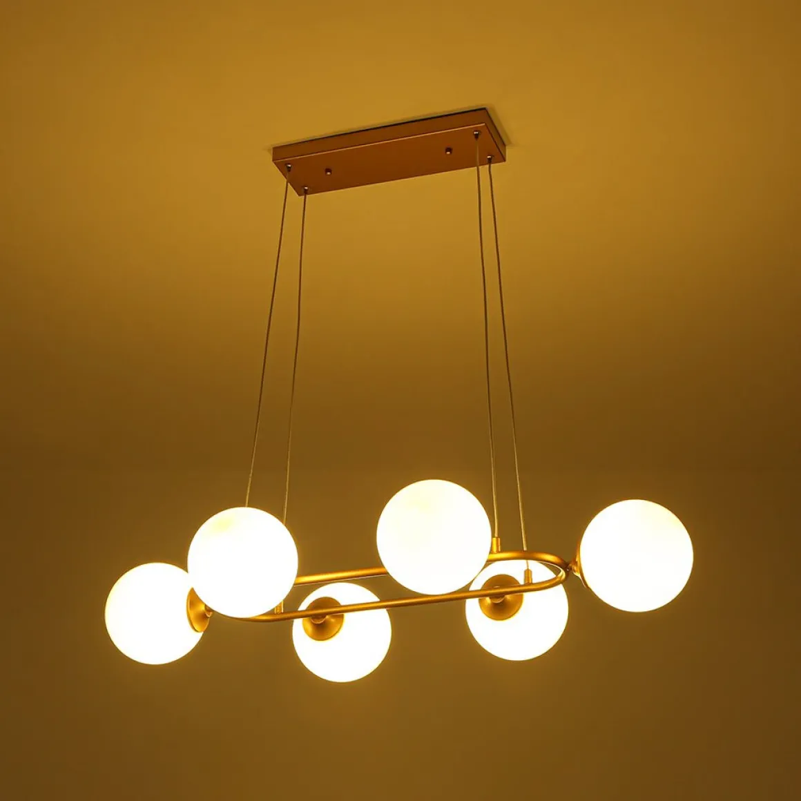 Brass Frosted White Glass Bubble Oval Ring Island Chandelier