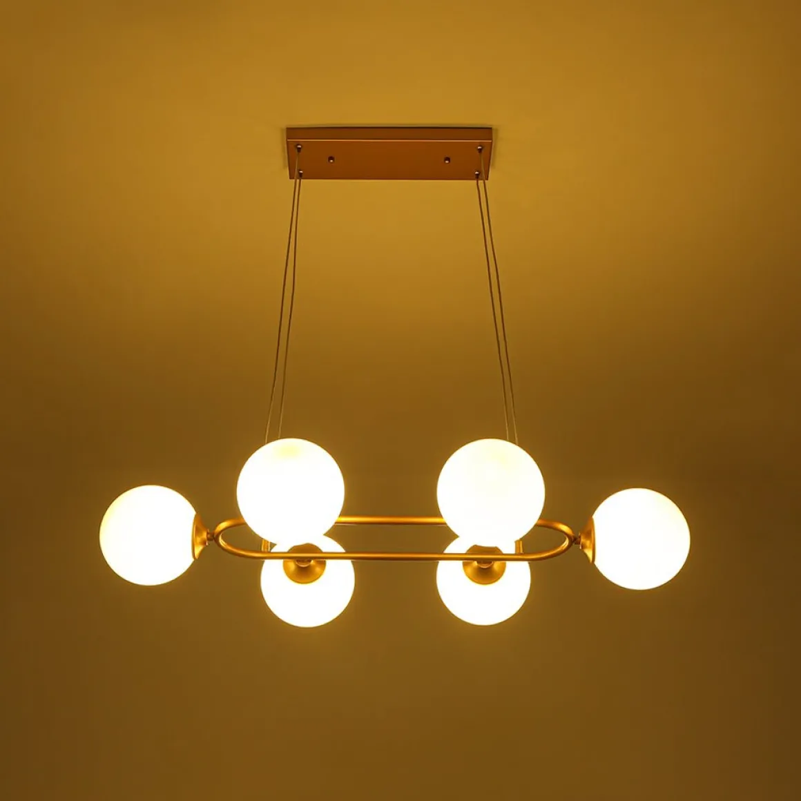 Brass Frosted White Glass Bubble Oval Ring Island Chandelier