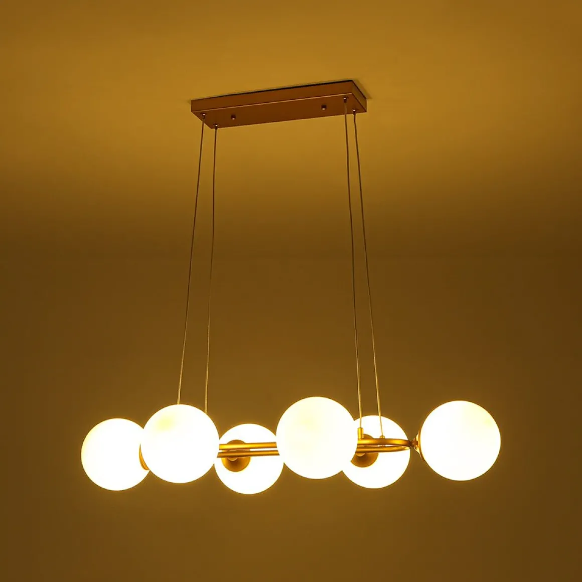 Brass Frosted White Glass Bubble Oval Ring Island Chandelier