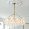 Brass Halo Ribbed Glass Globe Bubble Ring Chandelier