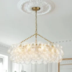 Brass Halo Ribbed Glass Globe Bubble Ring Chandelier