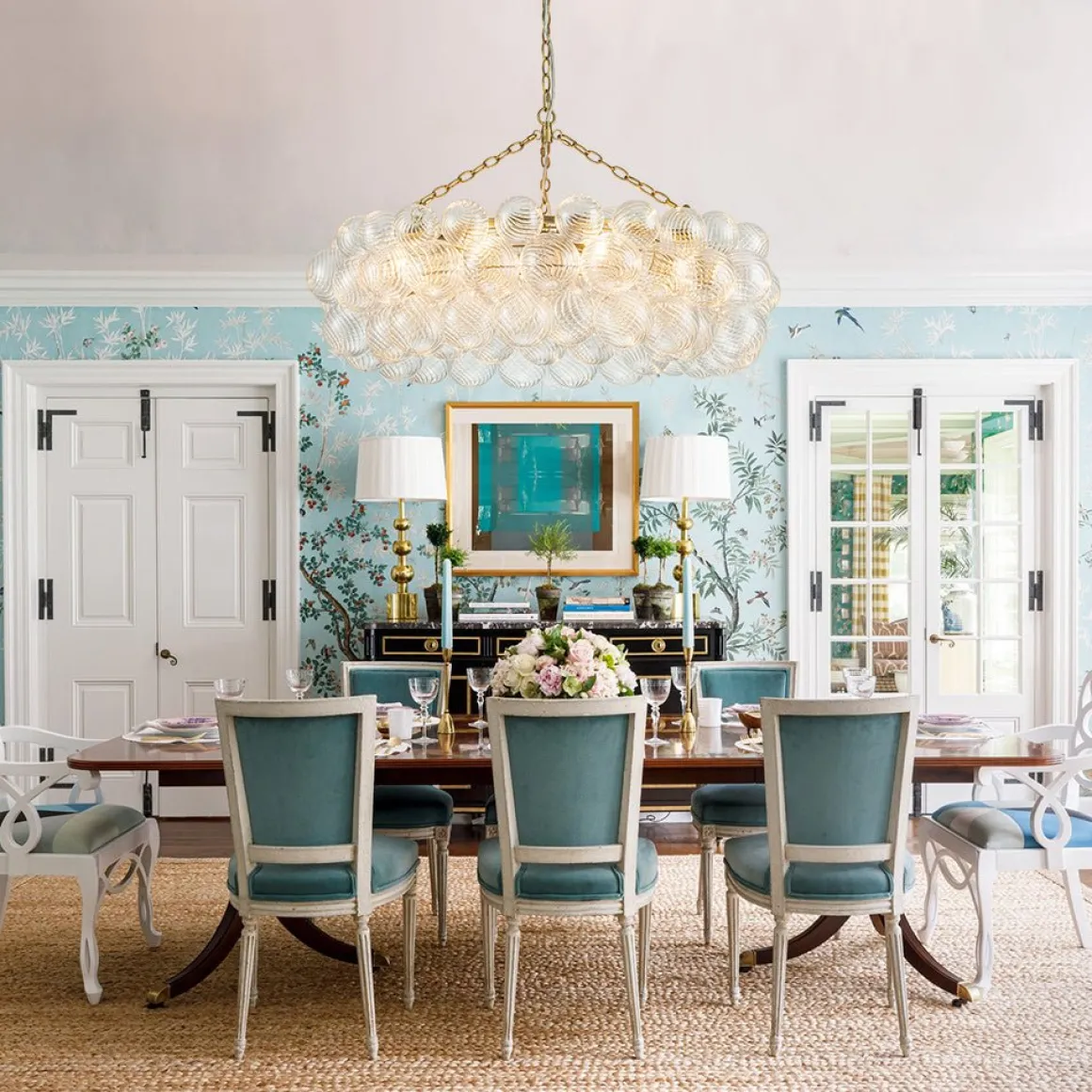 Brass Halo Ribbed Glass Globe Bubble Ring Chandelier