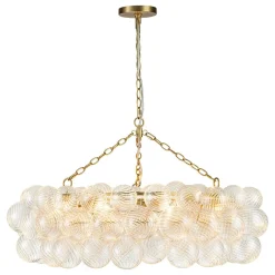 Brass Halo Ribbed Glass Globe Bubble Ring Chandelier
