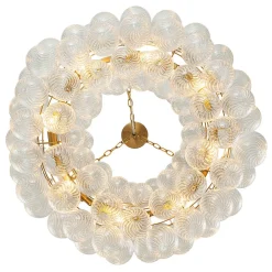 Brass Halo Ribbed Glass Globe Bubble Ring Chandelier