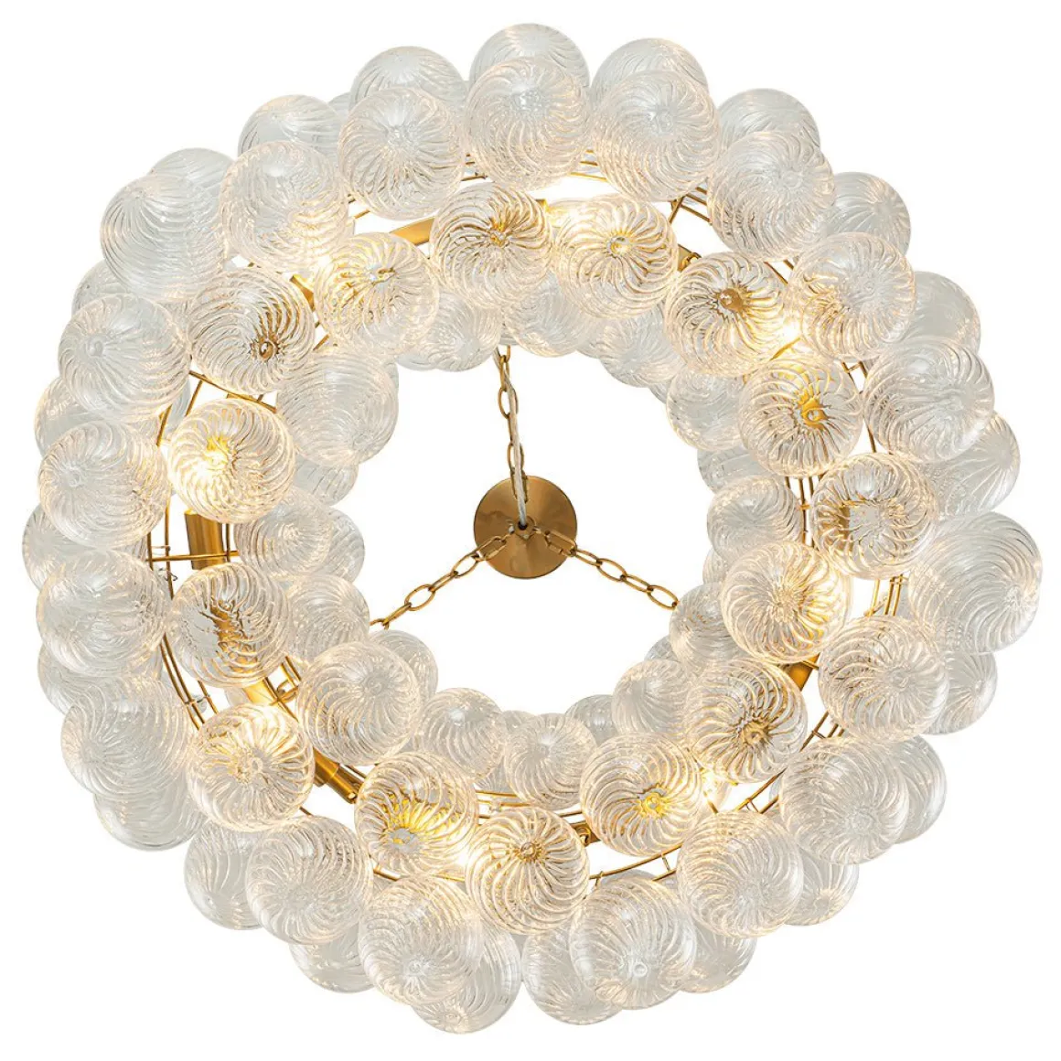 Brass Halo Ribbed Glass Globe Bubble Ring Chandelier