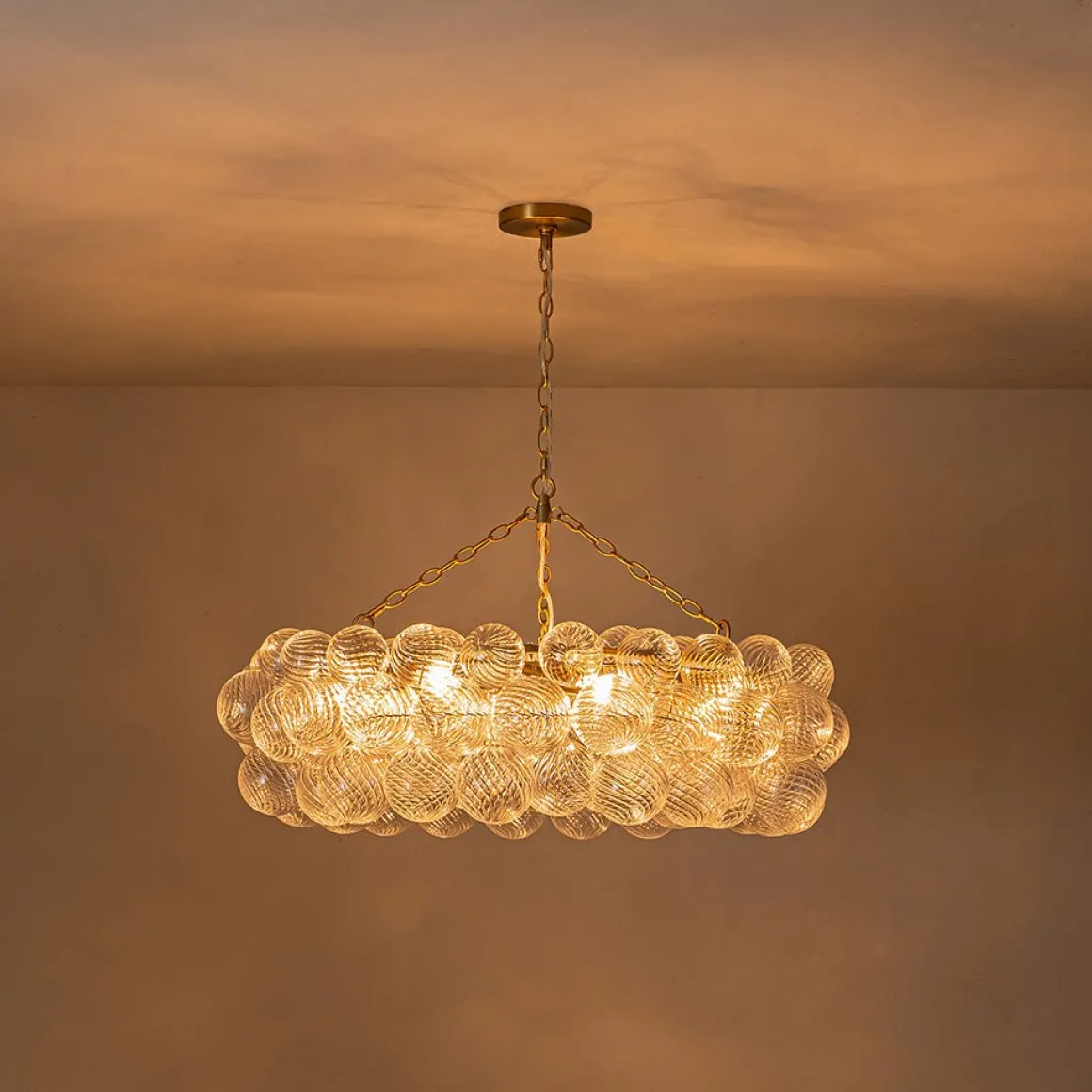Brass Halo Ribbed Glass Globe Bubble Ring Chandelier