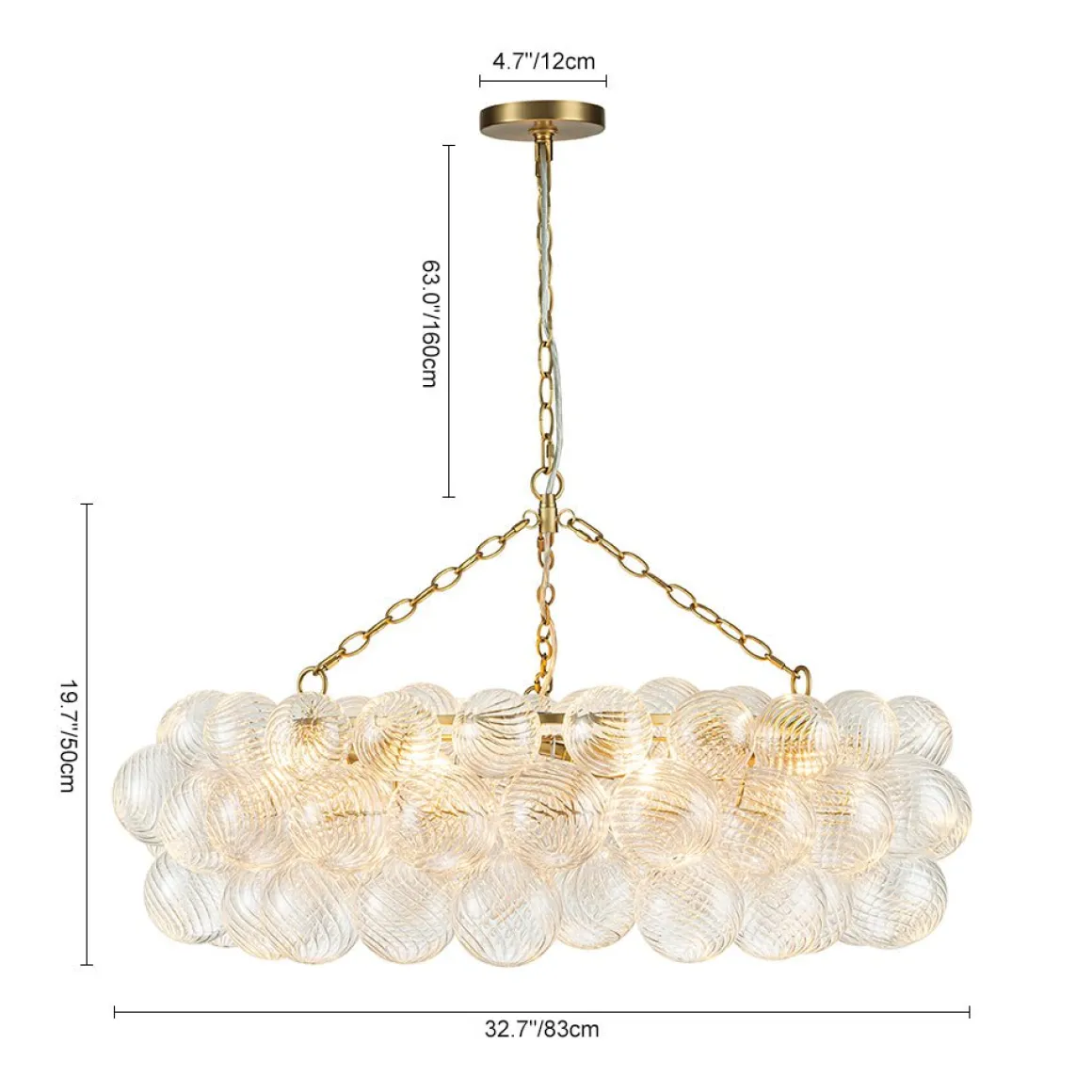 Brass Halo Ribbed Glass Globe Bubble Ring Chandelier