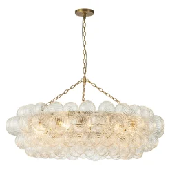 Brass Halo Ribbed Glass Globe Bubble Ring Chandelier