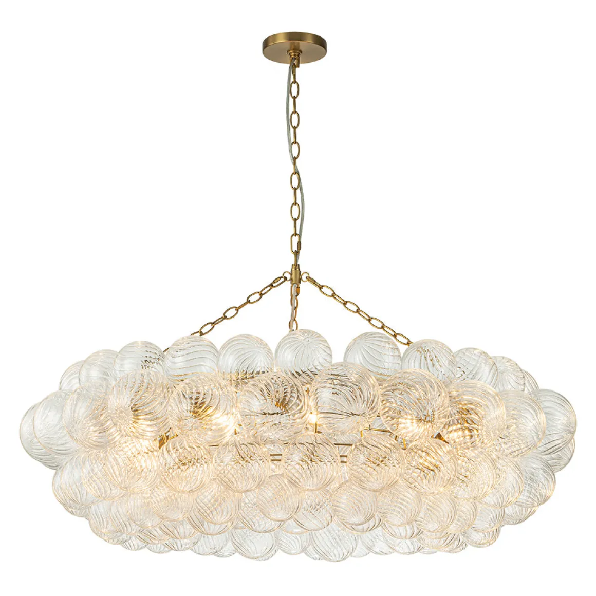 Brass Halo Ribbed Glass Globe Bubble Ring Chandelier