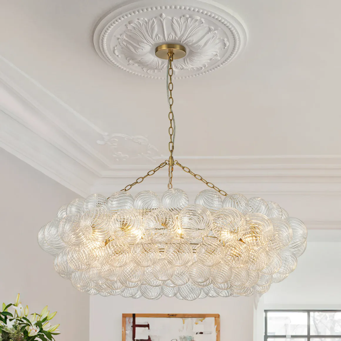 Brass Halo Ribbed Glass Globe Bubble Ring Chandelier