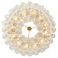 Brass Halo Ribbed Glass Globe Bubble Ring Chandelier