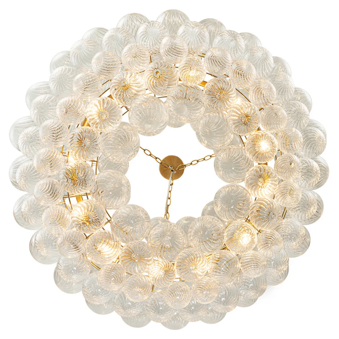 Brass Halo Ribbed Glass Globe Bubble Ring Chandelier