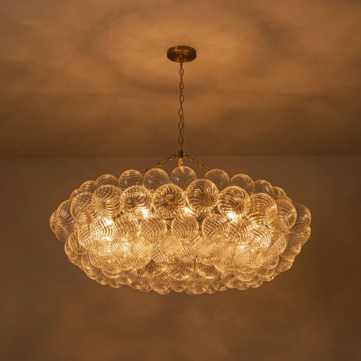 Brass Halo Ribbed Glass Globe Bubble Ring Chandelier