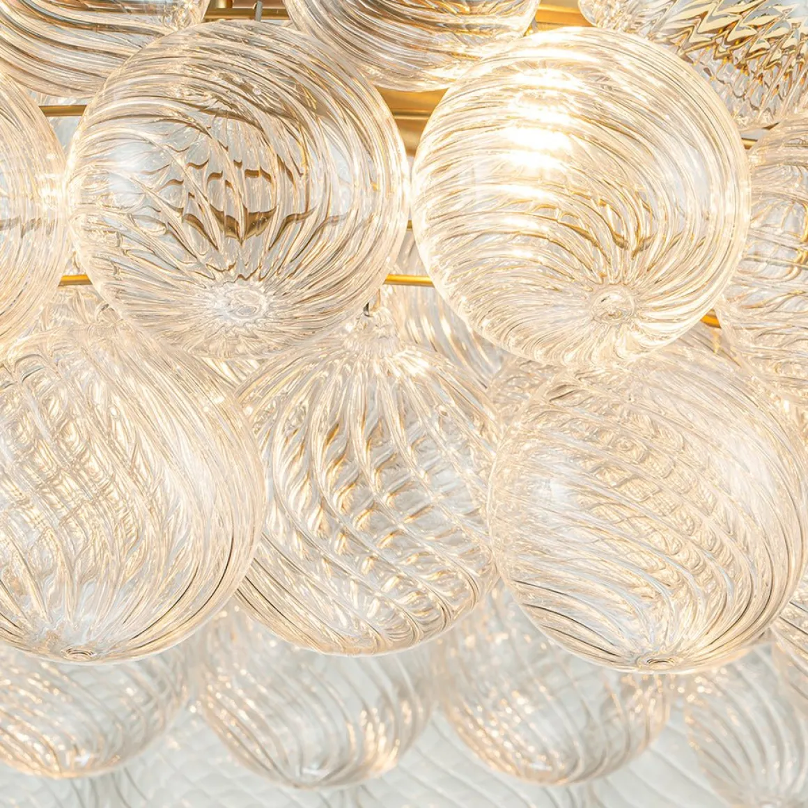 Brass Halo Ribbed Glass Globe Bubble Ring Chandelier