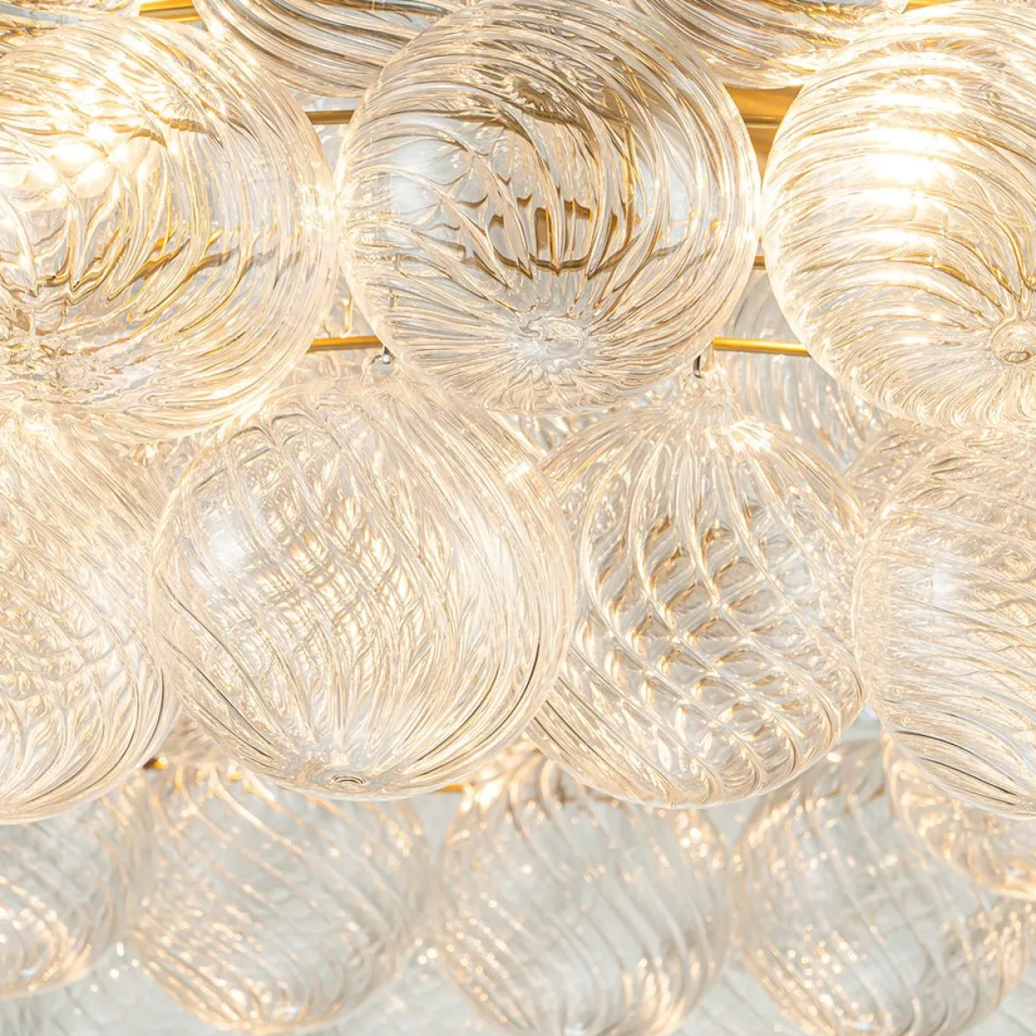 Brass Halo Ribbed Glass Globe Bubble Ring Chandelier