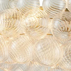 Brass Halo Ribbed Glass Globe Bubble Ring Chandelier