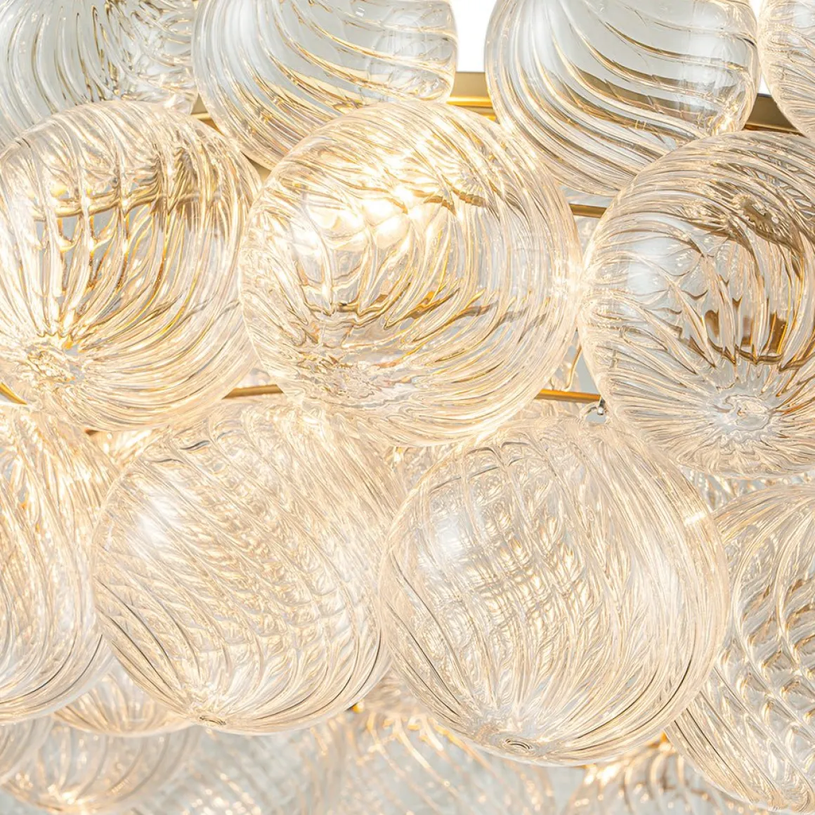 Brass Halo Ribbed Glass Globe Bubble Ring Chandelier