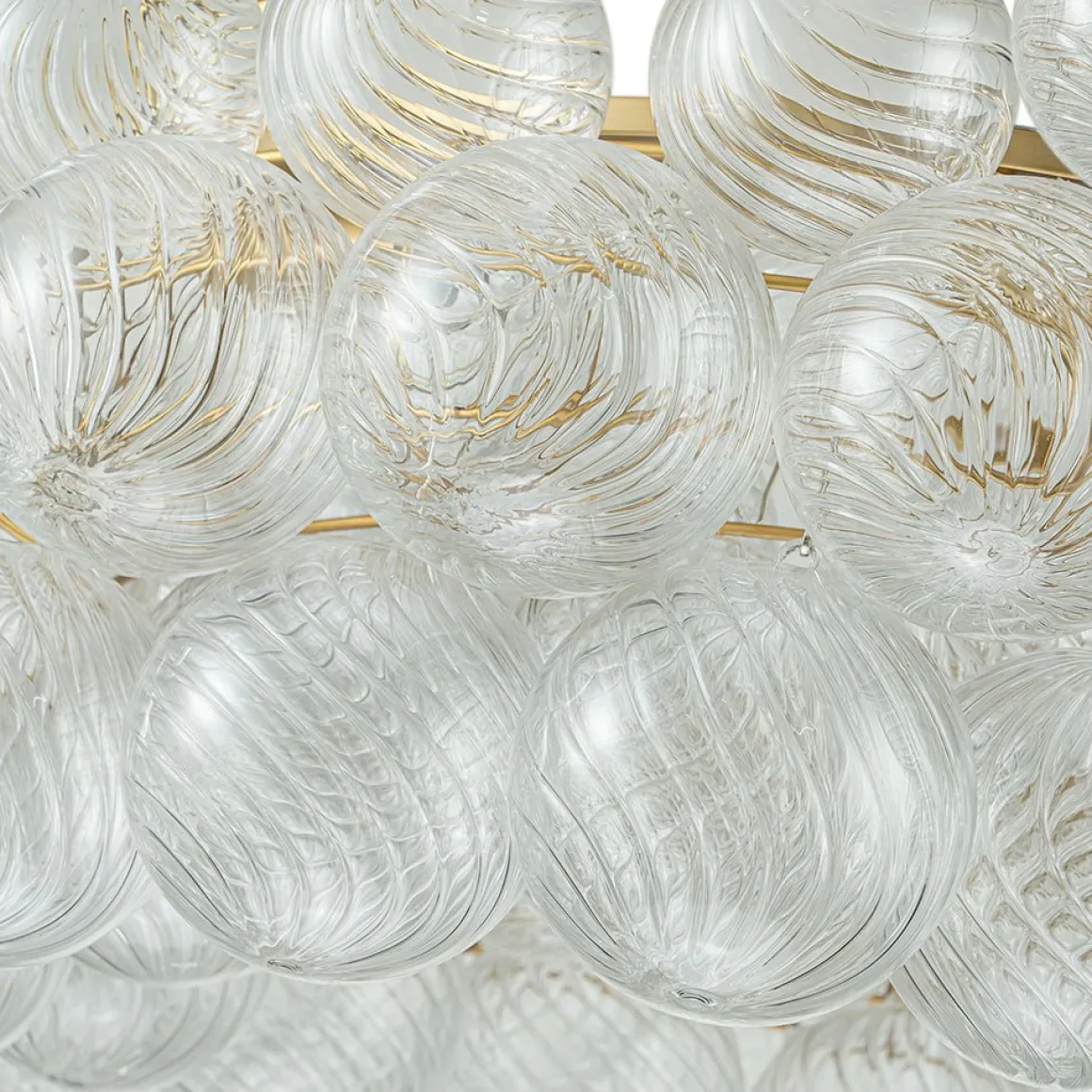 Brass Halo Ribbed Glass Globe Bubble Ring Chandelier