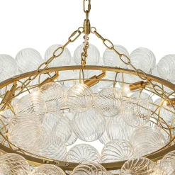 Brass Halo Ribbed Glass Globe Bubble Ring Chandelier