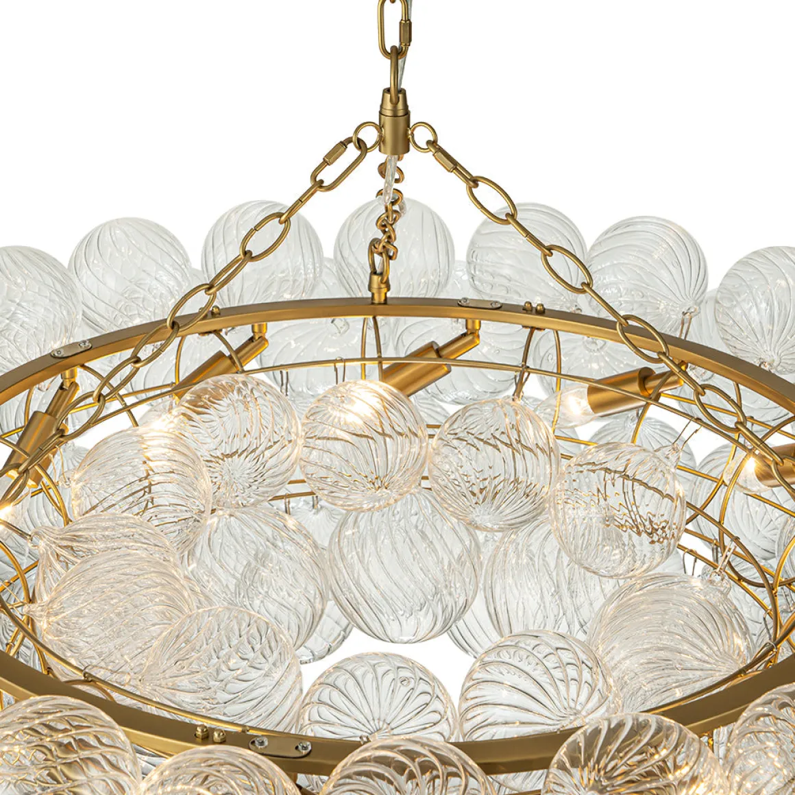 Brass Halo Ribbed Glass Globe Bubble Ring Chandelier