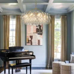 Brass Halo Ribbed Glass Globe Bubble Ring Chandelier