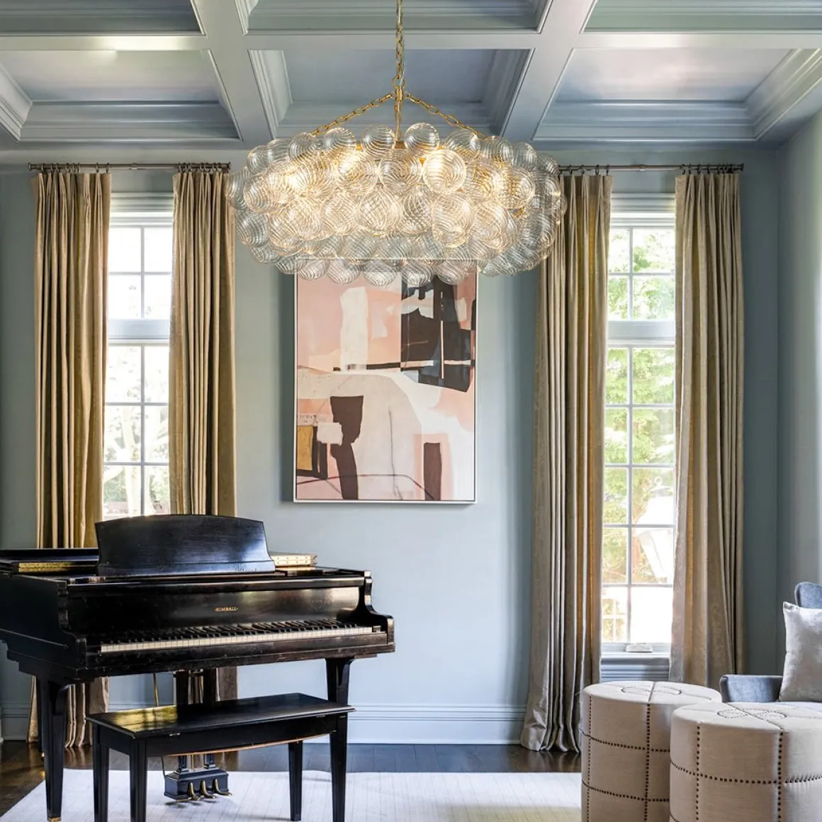 Brass Halo Ribbed Glass Globe Bubble Ring Chandelier