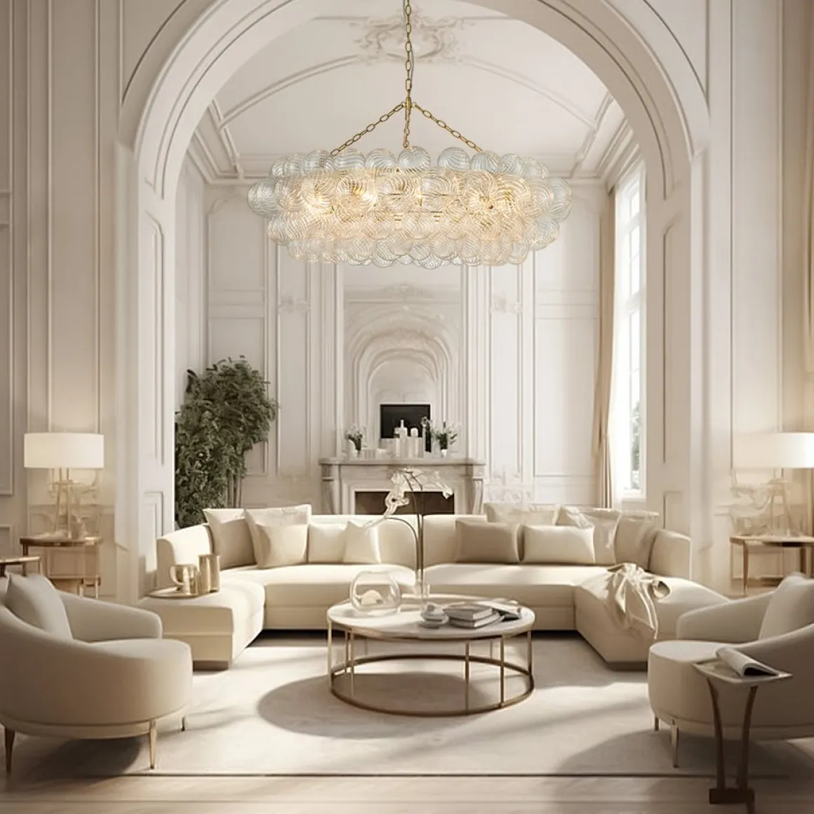 Brass Halo Ribbed Glass Globe Bubble Ring Chandelier