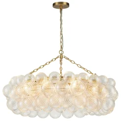 Brass Halo Ribbed Glass Globe Bubble Ring Chandelier