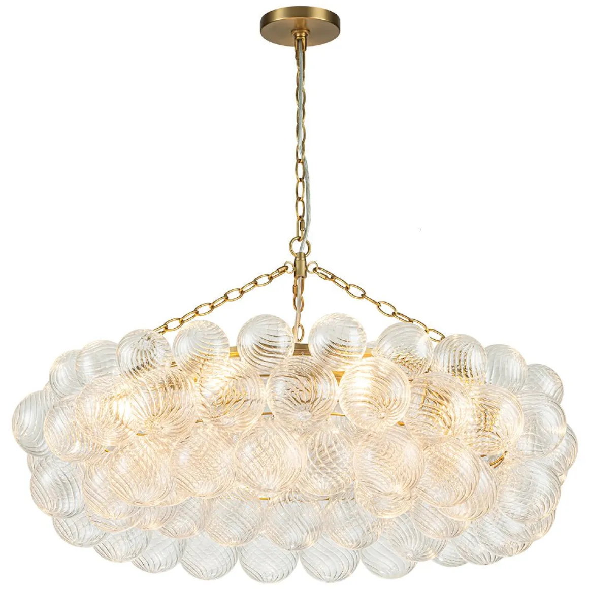 Brass Halo Ribbed Glass Globe Bubble Ring Chandelier