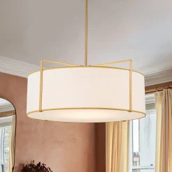 Brass Large White Fabric Drum Cage Chandelier