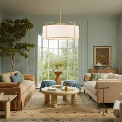 Brass Large White Fabric Drum Cage Chandelier