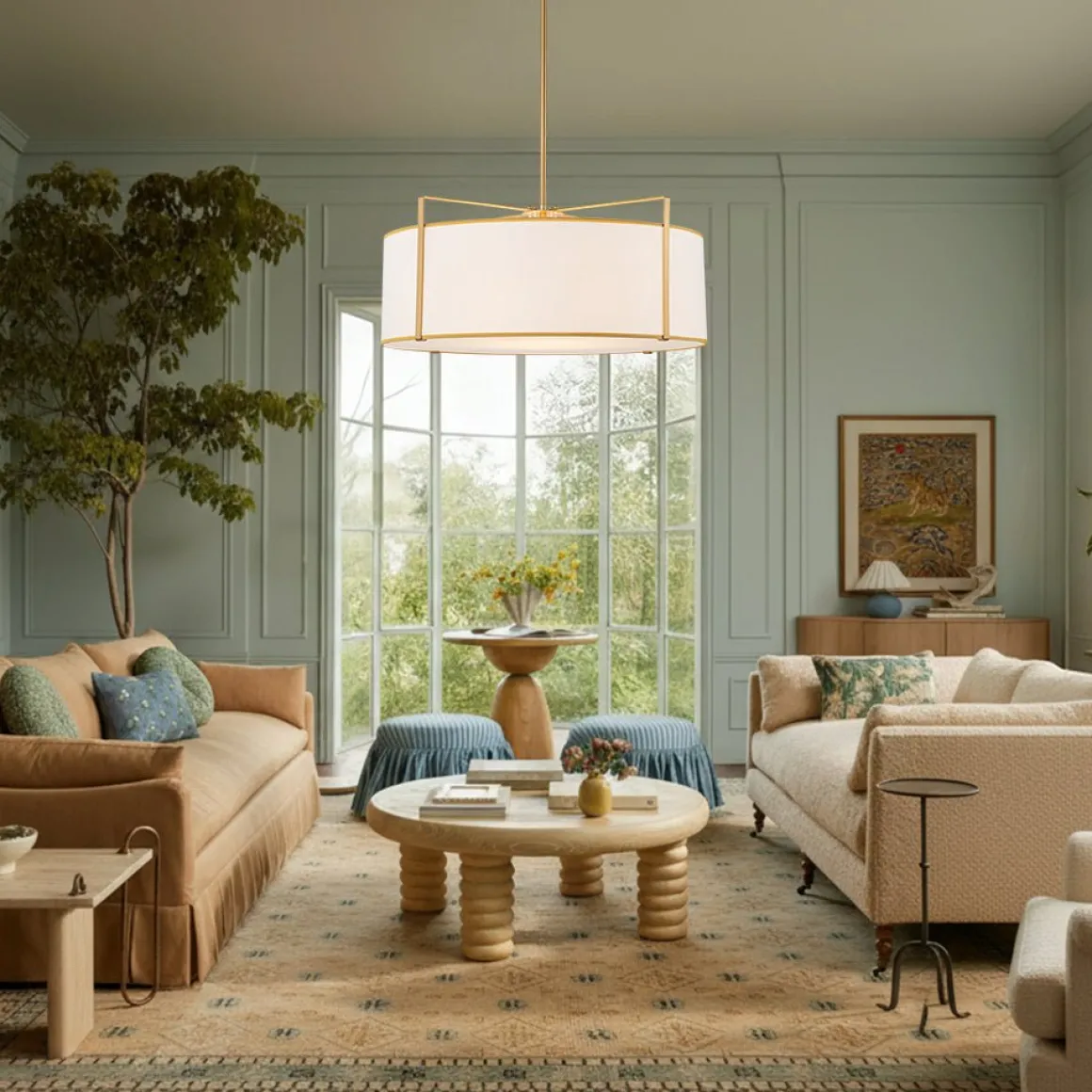 Brass Large White Fabric Drum Cage Chandelier