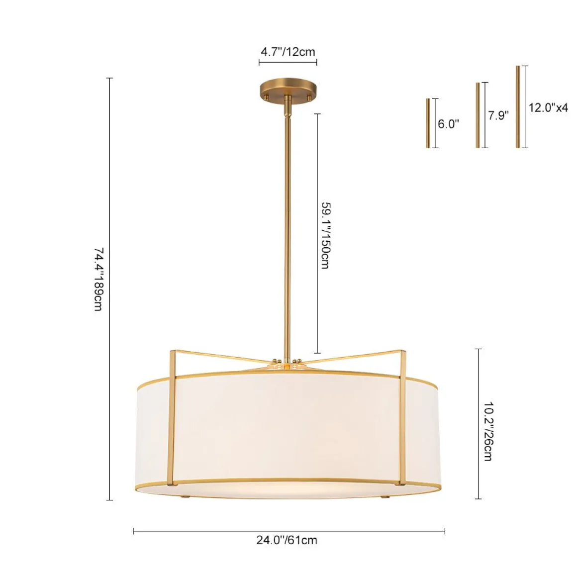 Brass Large White Fabric Drum Cage Chandelier