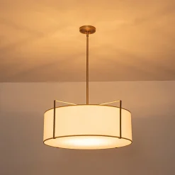 Brass Large White Fabric Drum Cage Chandelier