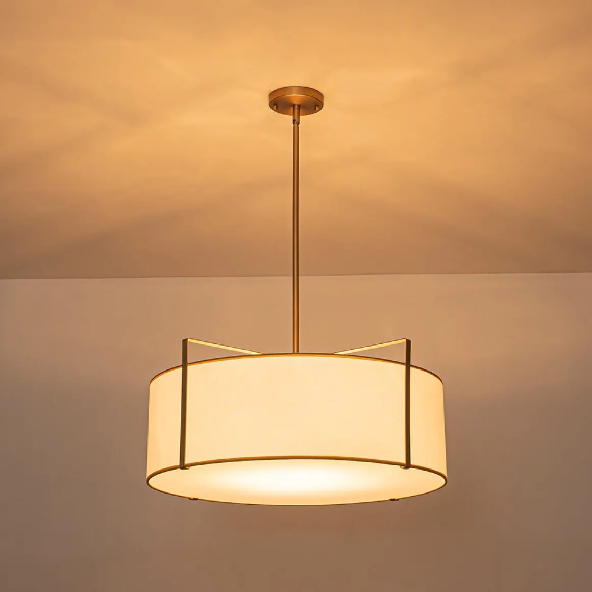 Brass Large White Fabric Drum Cage Chandelier
