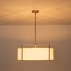 Brass Large White Fabric Drum Cage Chandelier