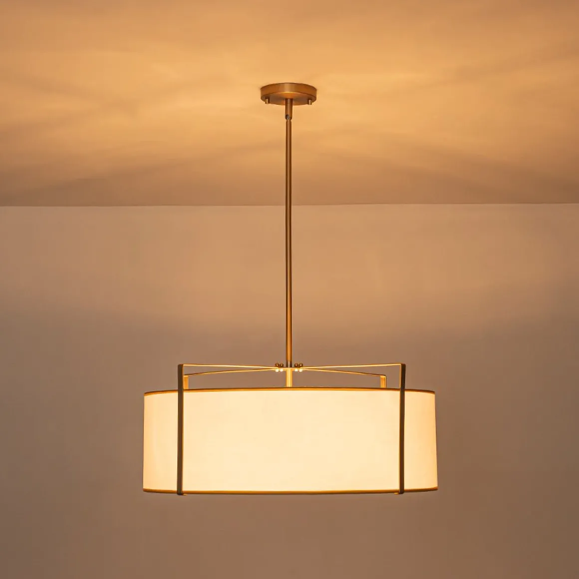 Brass Large White Fabric Drum Cage Chandelier
