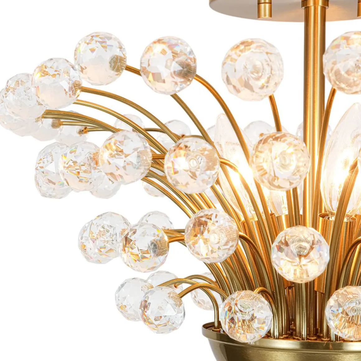 Brass 4-Light Bloom Bouquet Crystal Starburst Semi Flush Mount