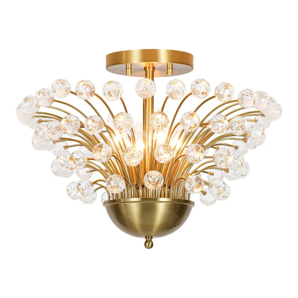 Brass 4-Light Bloom Bouquet Crystal Starburst Semi Flush Mount