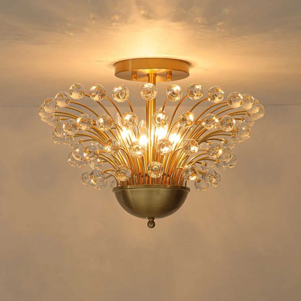 Brass 4-Light Bloom Bouquet Crystal Starburst Semi Flush Mount