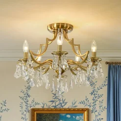 Brass 5-Light Candle Style Crystal Crown Semi Flush Mount