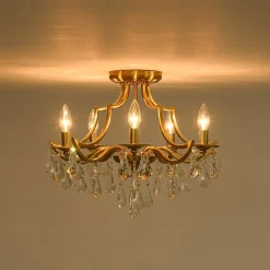 Brass 5-Light Candle Style Crystal Crown Semi Flush Mount