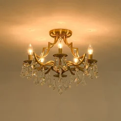 Brass 5-Light Candle Style Crystal Crown Semi Flush Mount
