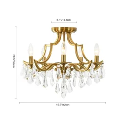 Brass 5-Light Candle Style Crystal Crown Semi Flush Mount