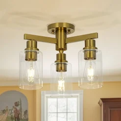 Brass 3-Light Clear Glass Cylinder Semi Flush Mount